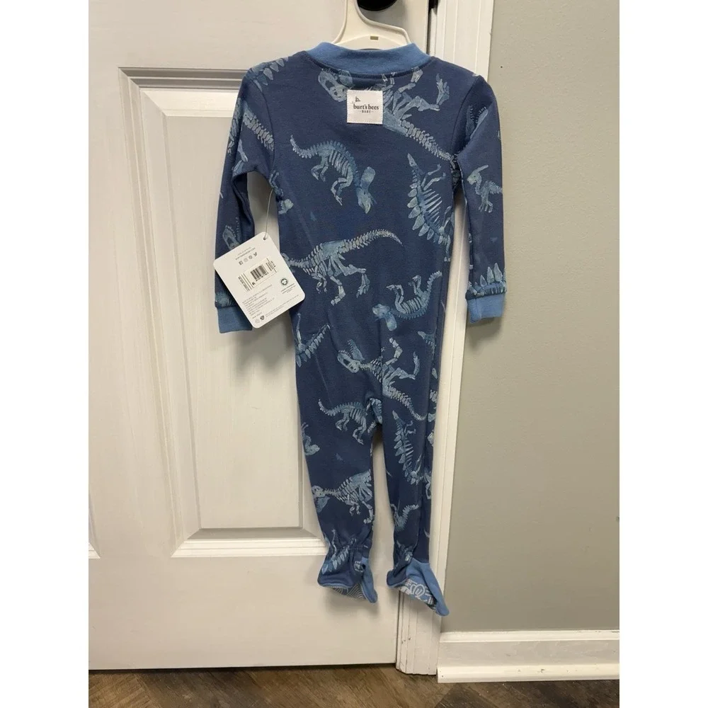 Burt's Bees Organic Cotton Blue Dino Dinosaur Zip Up PJs Pajamas-size 6-9 Month